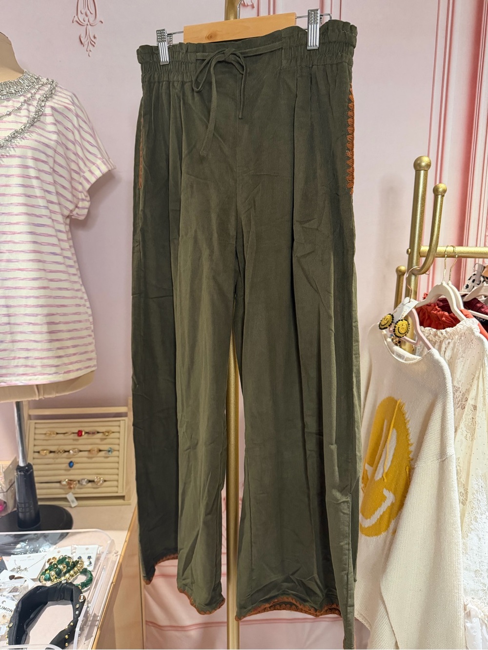 Olive Corduroy Wide Leg Pants with Rust Topstitch & Drawstring Waist - Picture 3 of 6